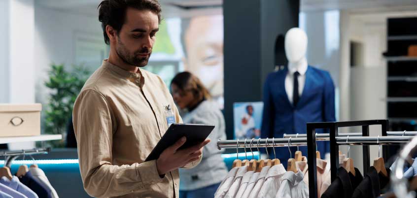 Man in retail setting looking at tablet