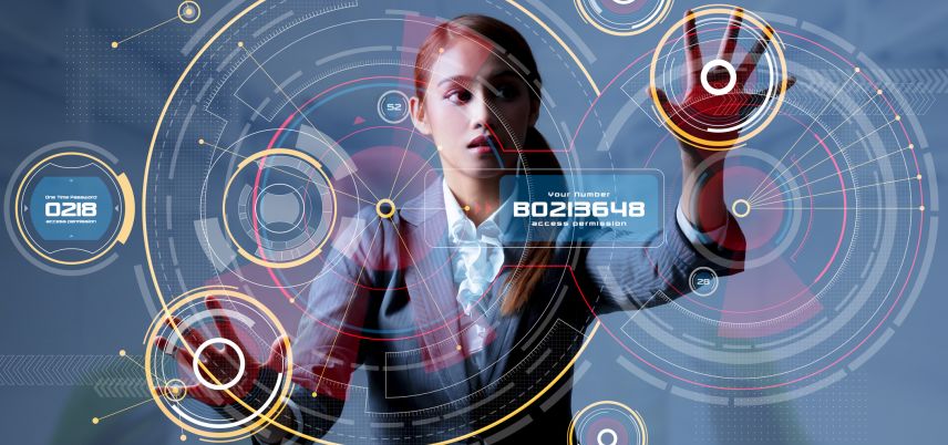Woman with futuristic touch screen
