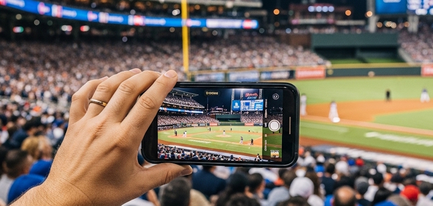 mobile device filming baseball game live in stadium