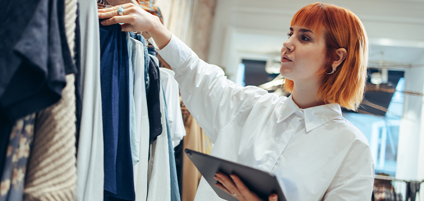 Woman working in clothing store holding tablet
