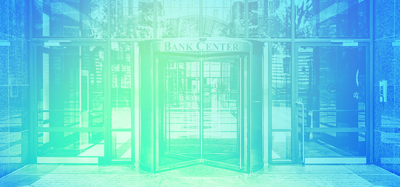 Bank Center entrance with blue-green color filter