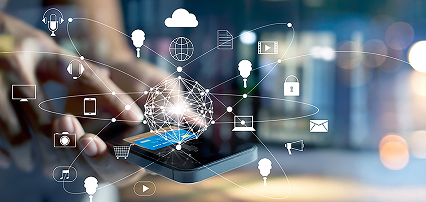 Person on cell phone with icons overlayed.