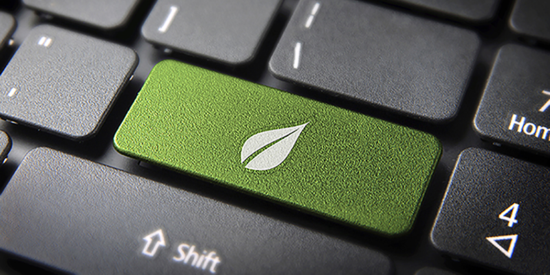 desktop keyboard; closeup of shift key and green key with leaf