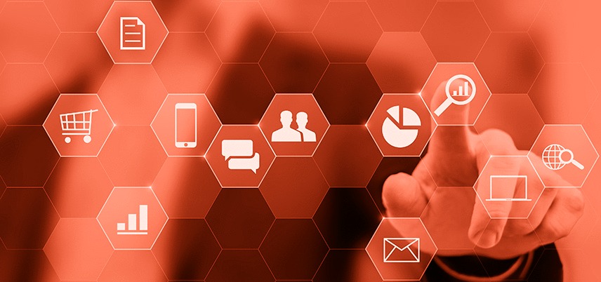 red hexagons with various white icons