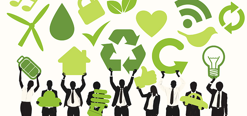 Graphic of people holding green icons