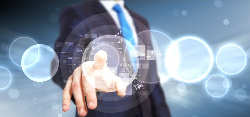 Finger of man in suit touching screen