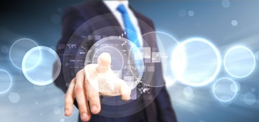 too-much-access-to-data Finger of man in suit touching screen