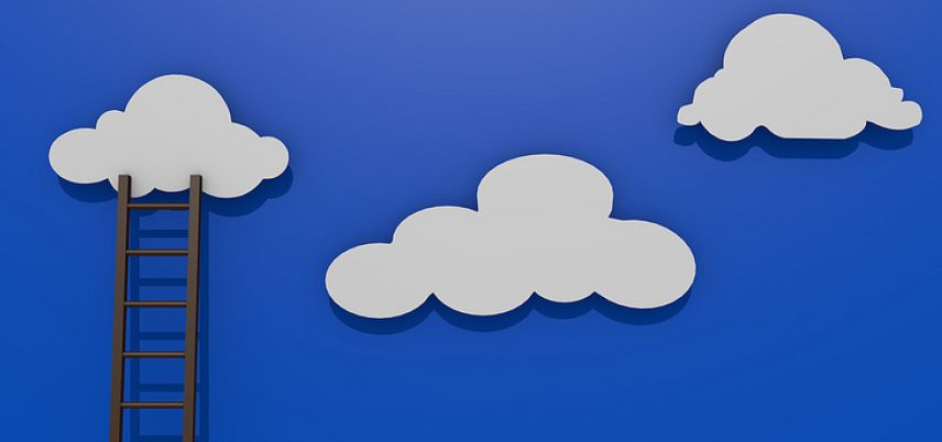 paper clouds on a blue background with a paper ladder